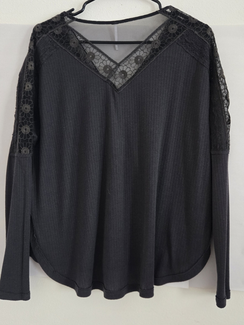 Free People Charcoal  Lace-Trim Long Sleeve Top - Picture 6 of 10